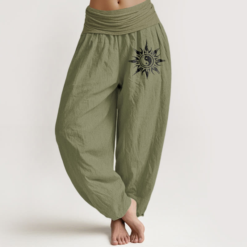Buddha Stones Pure Cotton Yin Yang Sun Pattern Women's Elastic Waist Harem Pants - OliveDrab - US16，UK/AU20，EU48 (3XL) - image 14