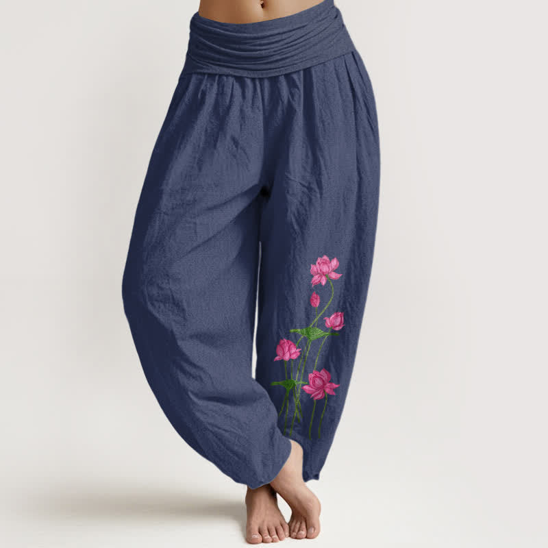 Buddha Stones Pure Cotton Pink Floral Lotus Pattern Women's Elastic Waist Harem Pants - DarkSlateBlue - US16，UK/AU20，EU48 (3XL) - image 5