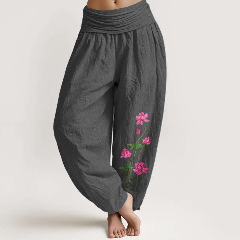 Buddha Stones Pure Cotton Pink Floral Lotus Pattern Women's Elastic Waist Harem Pants - DimGray - US16，UK/AU20，EU48 (3XL) - image 8