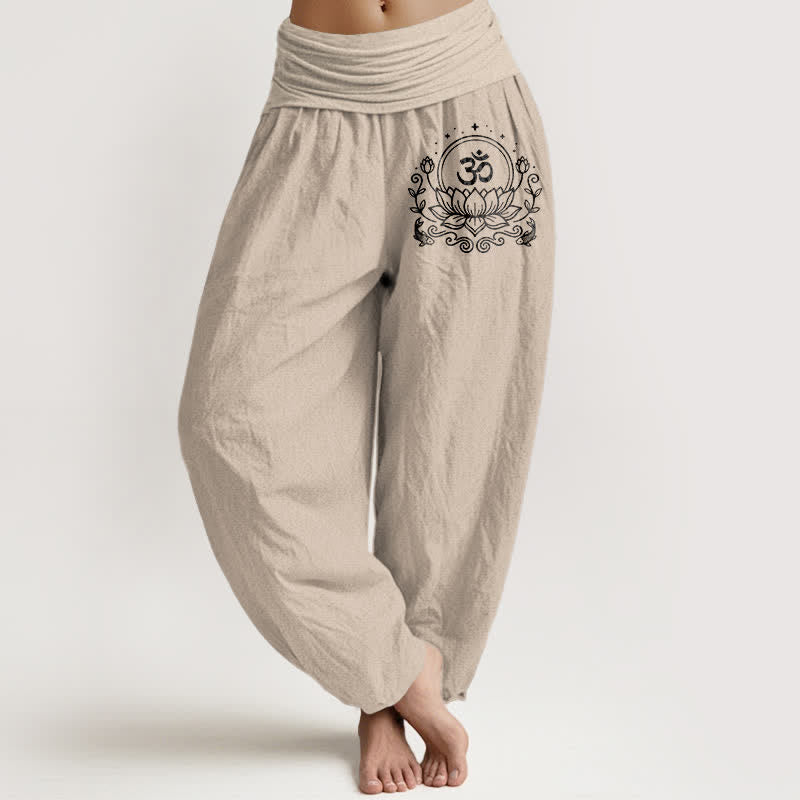 Buddha Stones Pure Cotton Sacred Lotus Om Pattern Women's Elastic Waist Harem Pants - Tan - US16，UK/AU20，EU48 (3XL) - image 11