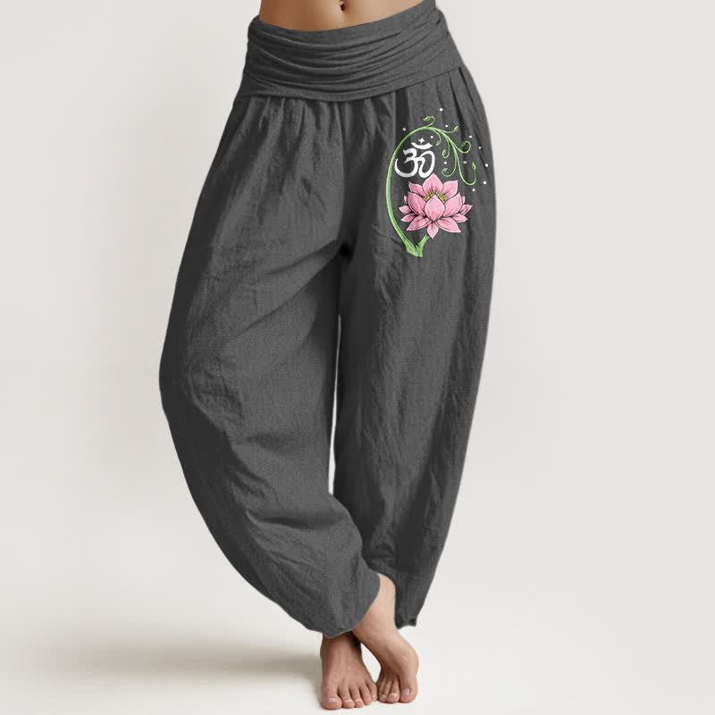 Buddha Stones Pure Cotton Lotus Vine Om Pattern Women's Elastic Waist Harem Pants - DimGray - US16，UK/AU20，EU48 (3XL) - image 8