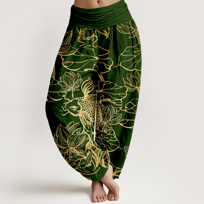 Buddha Stones Cotton Lotus Pond Fish Pattern Women's Elastic Waist Harem Pants - DarkGreen - US16，UK/AU20，EU48 (3XL) - image 0