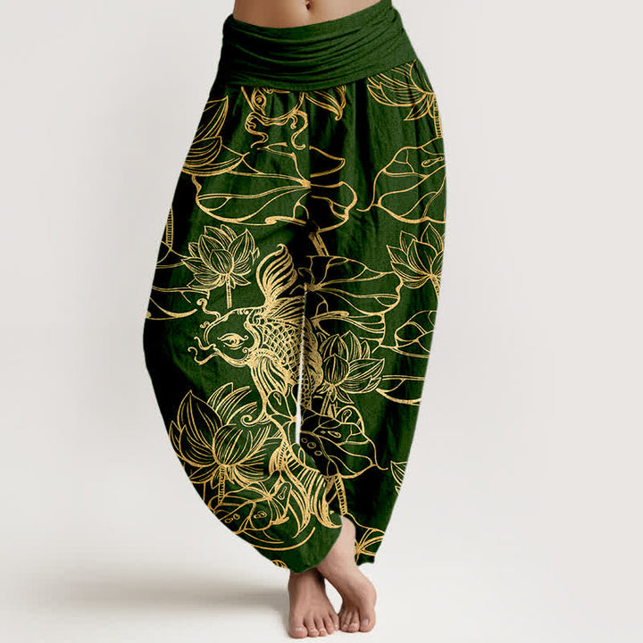 Buddha Stones Cotton Lotus Pond Fish Pattern Women's Elastic Waist Harem Pants - DarkGreen - US16，UK/AU20，EU48 (3XL) - image 0