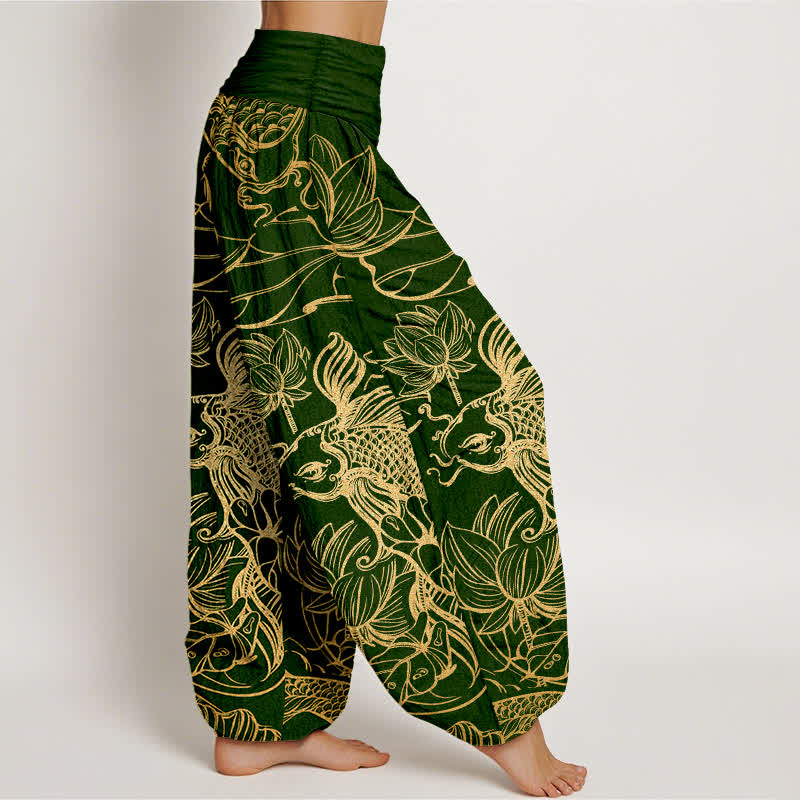 Buddha Stones Cotton Lotus Pond Fish Pattern Women's Elastic Waist Harem Pants - image 1