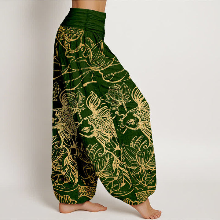 Buddha Stones Cotton Lotus Pond Fish Pattern Women's Elastic Waist Harem Pants - image 1