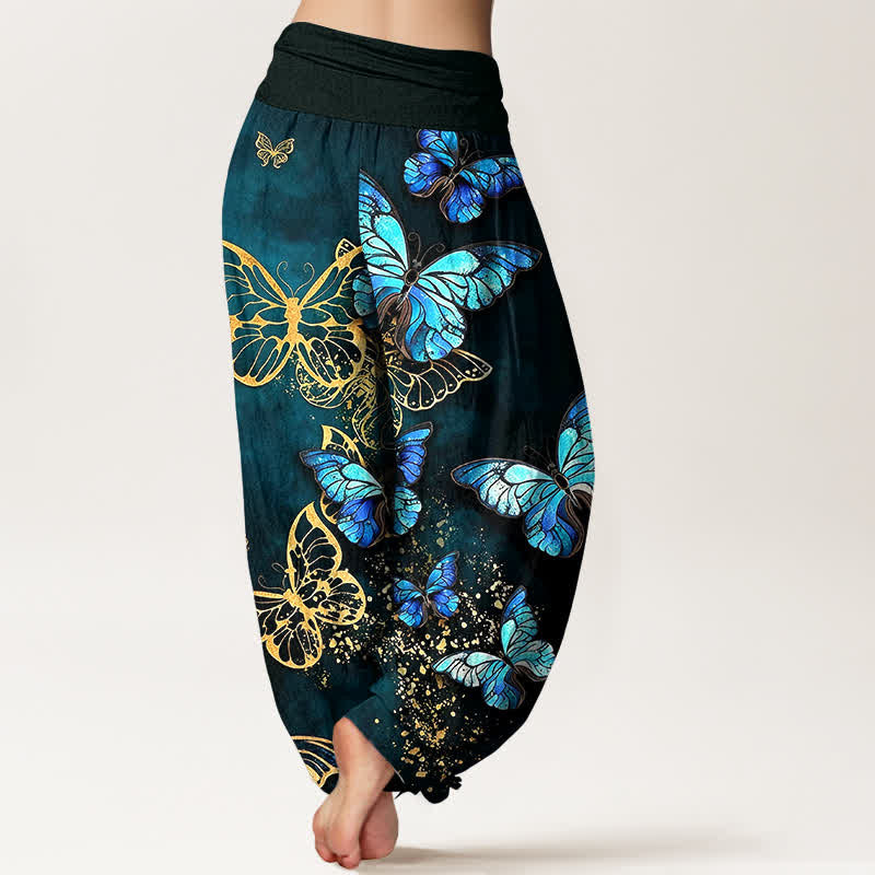 Buddha Stones Cotton Artistic Butterfly Glow Pattern Women's Elastic Waist Harem Pants - image 2