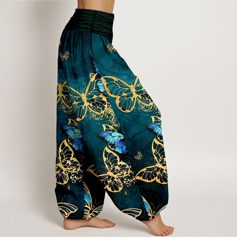 Buddha Stones Cotton Artistic Butterfly Glow Pattern Women's Elastic Waist Harem Pants - image 1