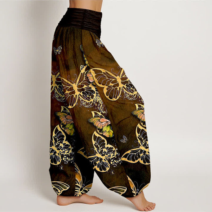 Buddha Stones Cotton Artistic Butterfly Glow Pattern Women's Elastic Waist Harem Pants - image 9
