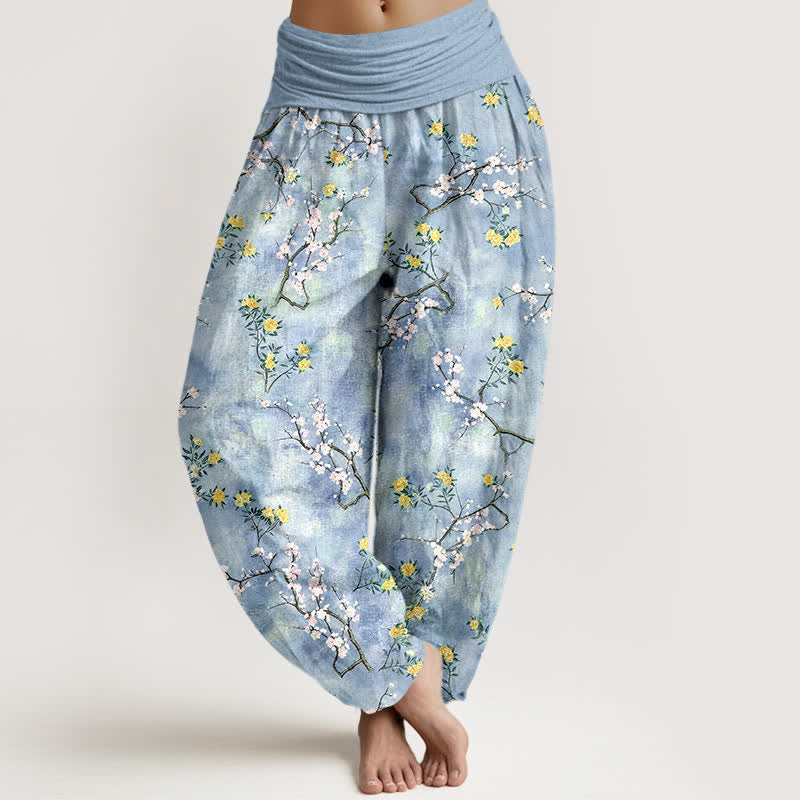 Buddha Stones Cotton Botanical Floral Branch Pattern Women's Elastic Waist Harem Pants - LightBlue - US16，UK/AU20，EU48 (3XL) - image 5
