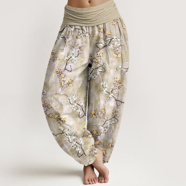 Buddha Stones Cotton Botanical Floral Branch Pattern Women's Elastic Waist Harem Pants - PaleGoldenrod - US16，UK/AU20，EU48 (3XL) - image 8
