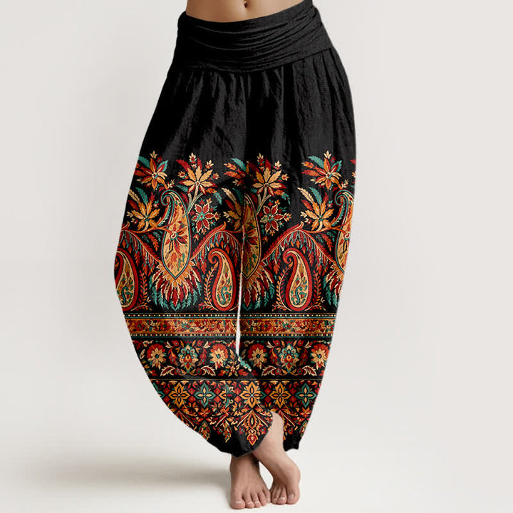 Buddha Stones Cotton Ethnic Paisley Bloom Pattern Women's Elastic Waist Harem Pants - Black - US16，UK/AU20，EU48 (3XL) - image 0