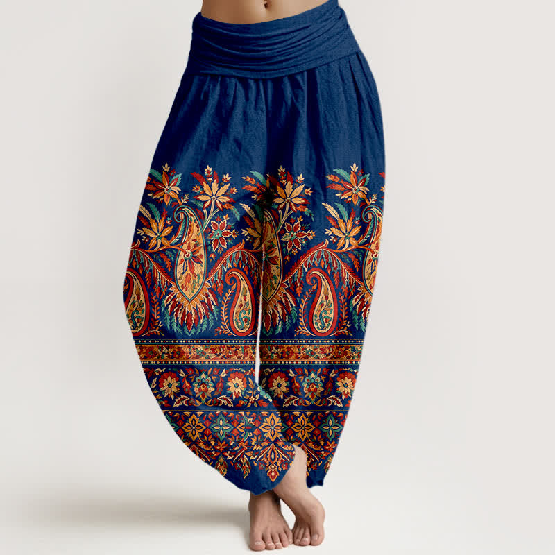 Buddha Stones Cotton Ethnic Paisley Bloom Pattern Women's Elastic Waist Harem Pants - Navy - US16，UK/AU20，EU48 (3XL) - image 8