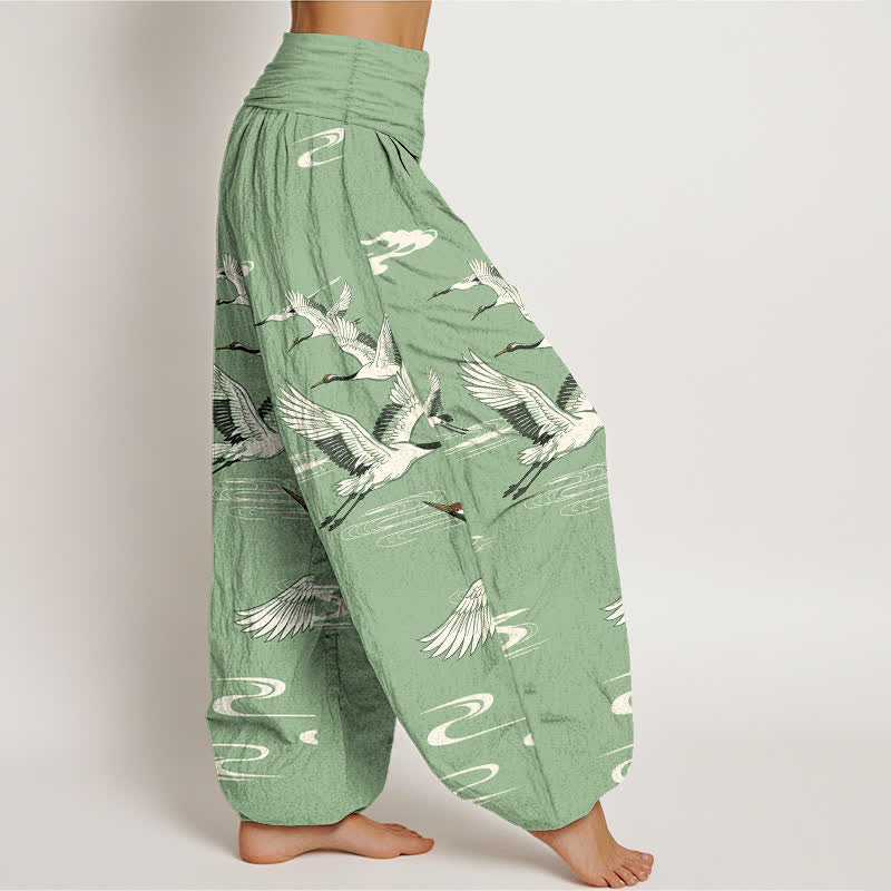 Buddha Stones Cotton Oriental Crane Wave Pattern Women's Elastic Waist Harem Pants - image 1