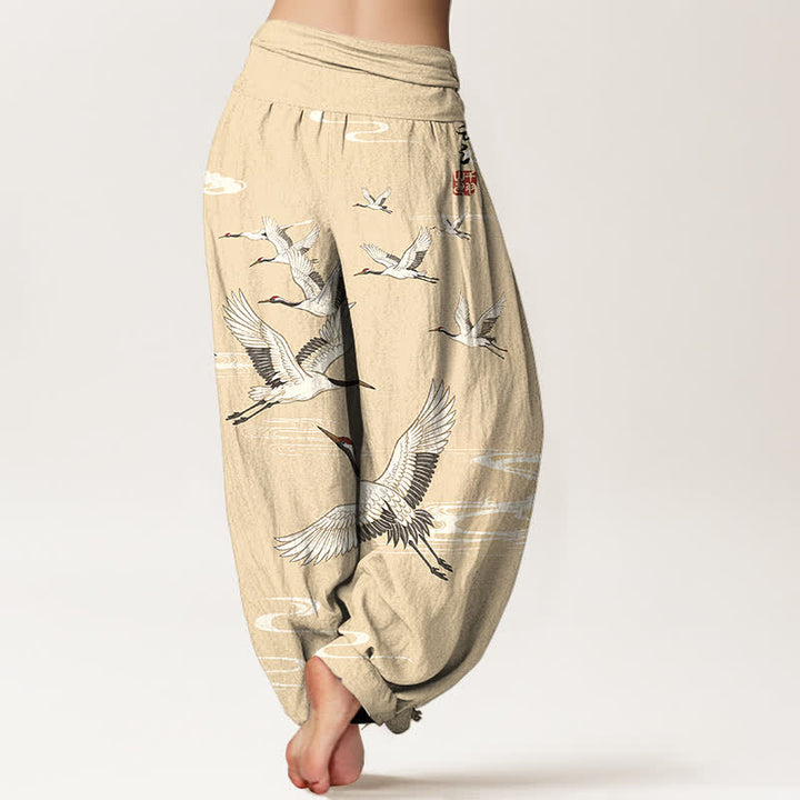 Buddha Stones Cotton Oriental Crane Wave Pattern Women's Elastic Waist Harem Pants - image 7