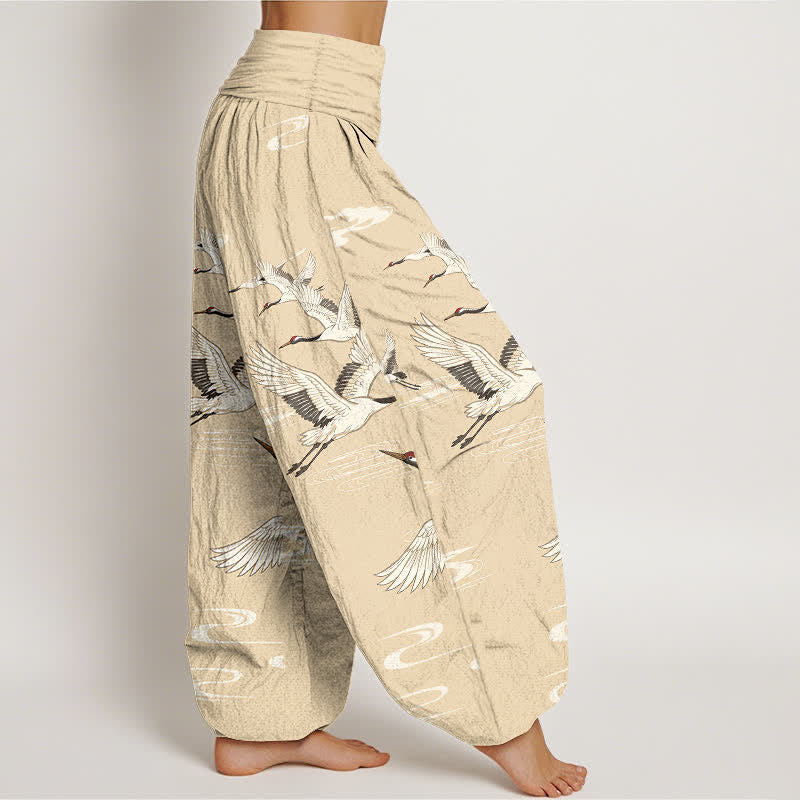 Buddha Stones Cotton Oriental Crane Wave Pattern Women's Elastic Waist Harem Pants - image 6