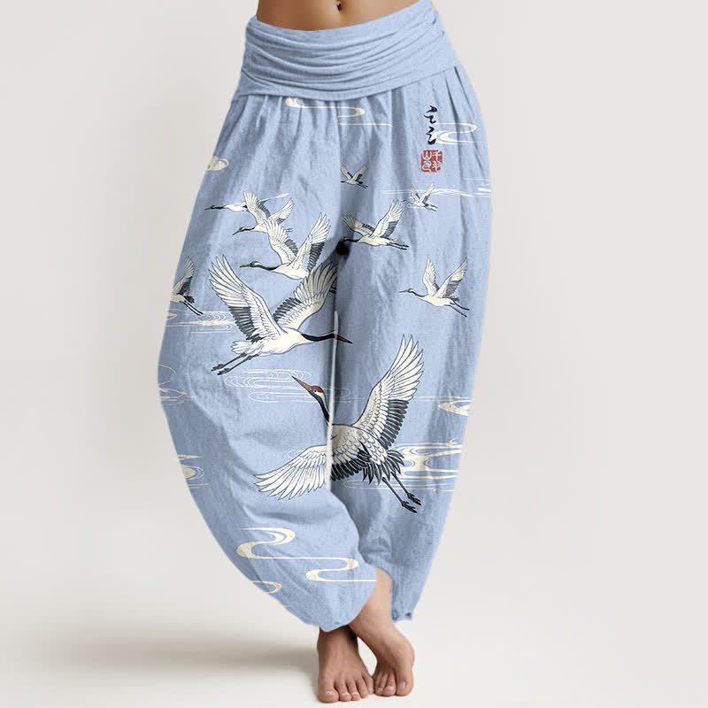 Buddha Stones Cotton Oriental Crane Wave Pattern Women's Elastic Waist Harem Pants - LightBlue - US16，UK/AU20，EU48 (3XL) - image 8