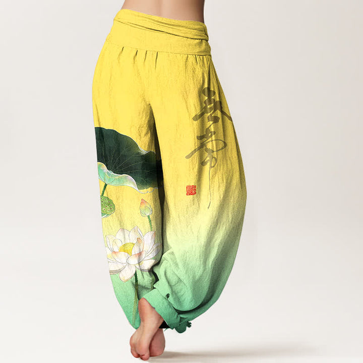 Buddha Stones Cotton Elegant Lotus Flower Pattern Women's Elastic Waist Harem Pants - image 2