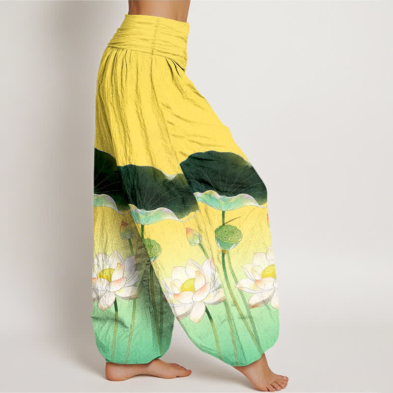 Buddha Stones Cotton Elegant Lotus Flower Pattern Women's Elastic Waist Harem Pants - image 1
