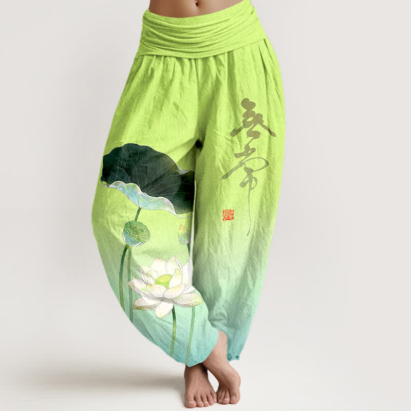 Buddha Stones Cotton Elegant Lotus Flower Pattern Women's Elastic Waist Harem Pants - Turquoise - US16，UK/AU20，EU48 (3XL) - image 5