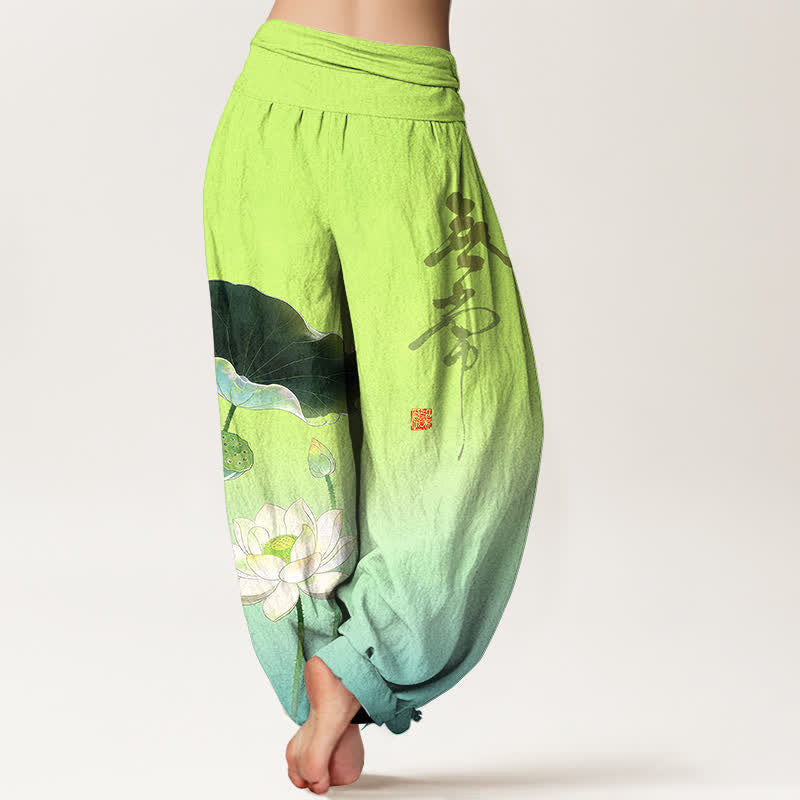Buddha Stones Cotton Elegant Lotus Flower Pattern Women's Elastic Waist Harem Pants - image 7