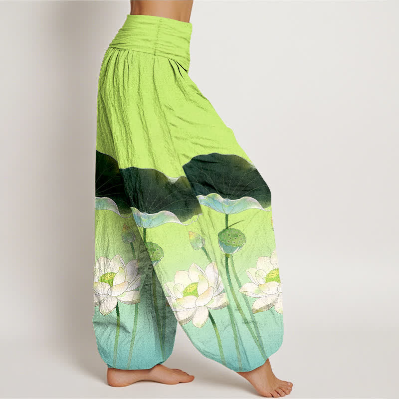 Buddha Stones Cotton Elegant Lotus Flower Pattern Women's Elastic Waist Harem Pants - image 6