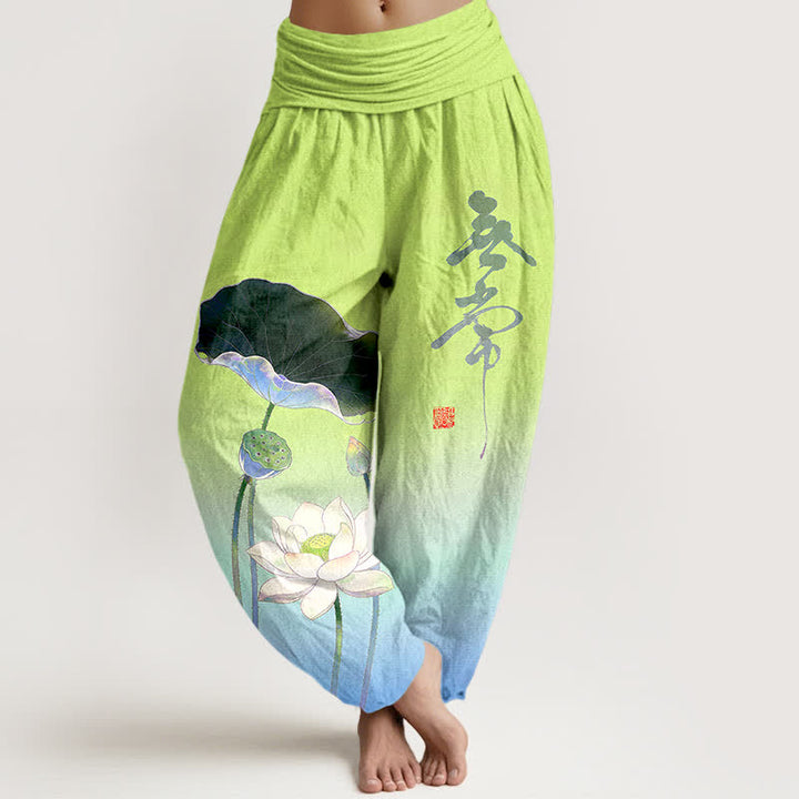 Buddha Stones Cotton Elegant Lotus Flower Pattern Women's Elastic Waist Harem Pants - DeepSkyBlue - US16，UK/AU20，EU48 (3XL) - image 8