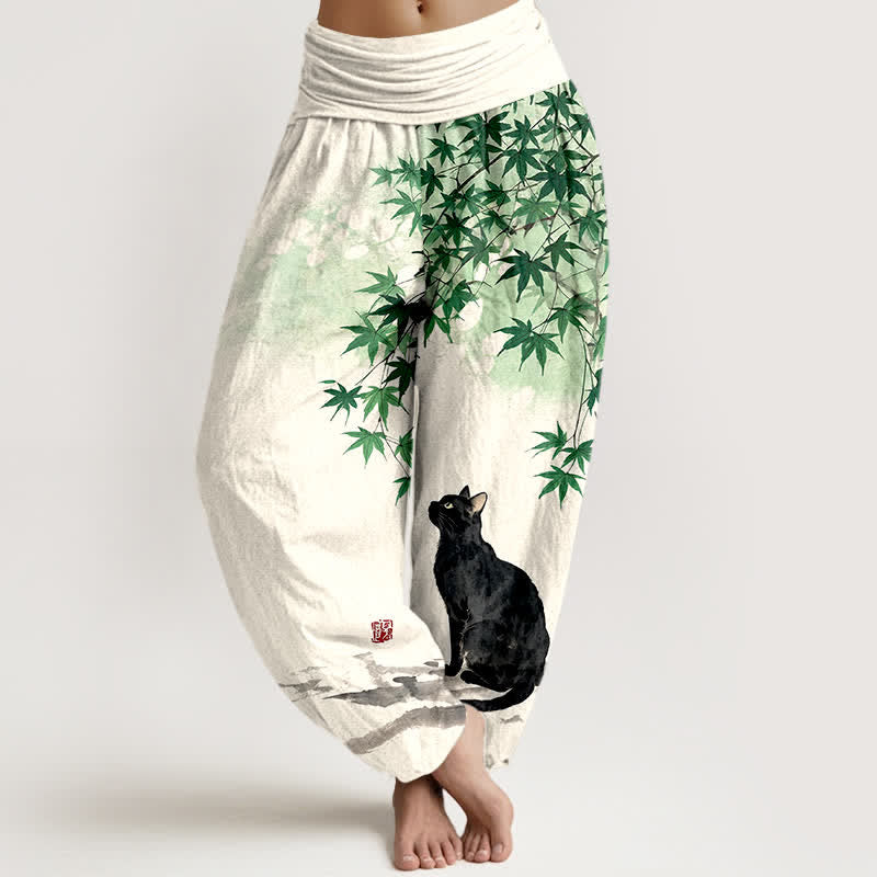 Buddha Stones Cotton Maple Leaf Cat Pattern Women's Elastic Waist Harem Pants - SeaGreen - US16，UK/AU20，EU48 (3XL) - image 0