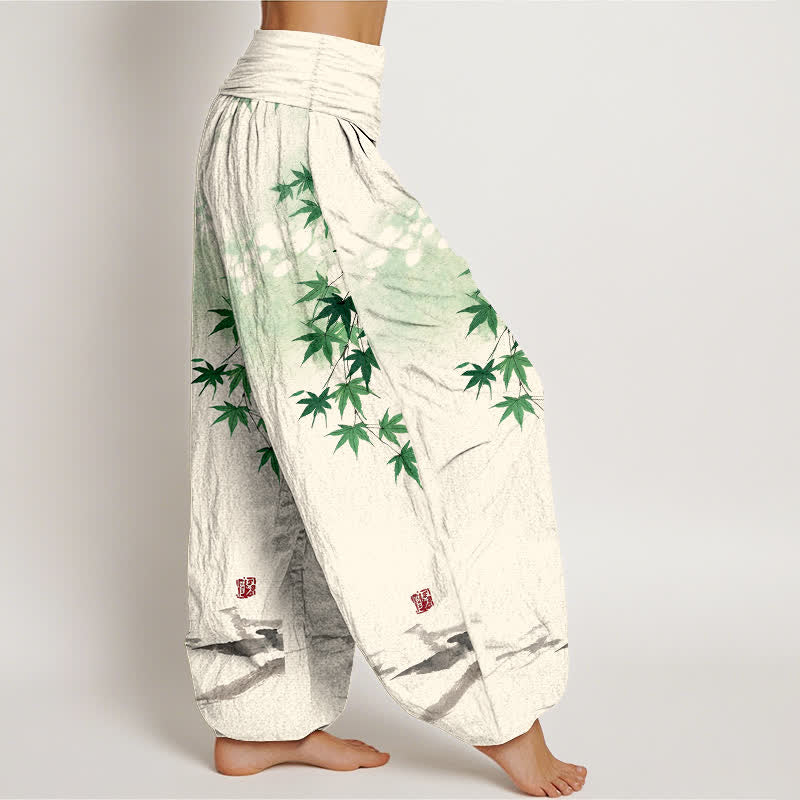 Buddha Stones Cotton Maple Leaf Cat Pattern Women's Elastic Waist Harem Pants - image 1