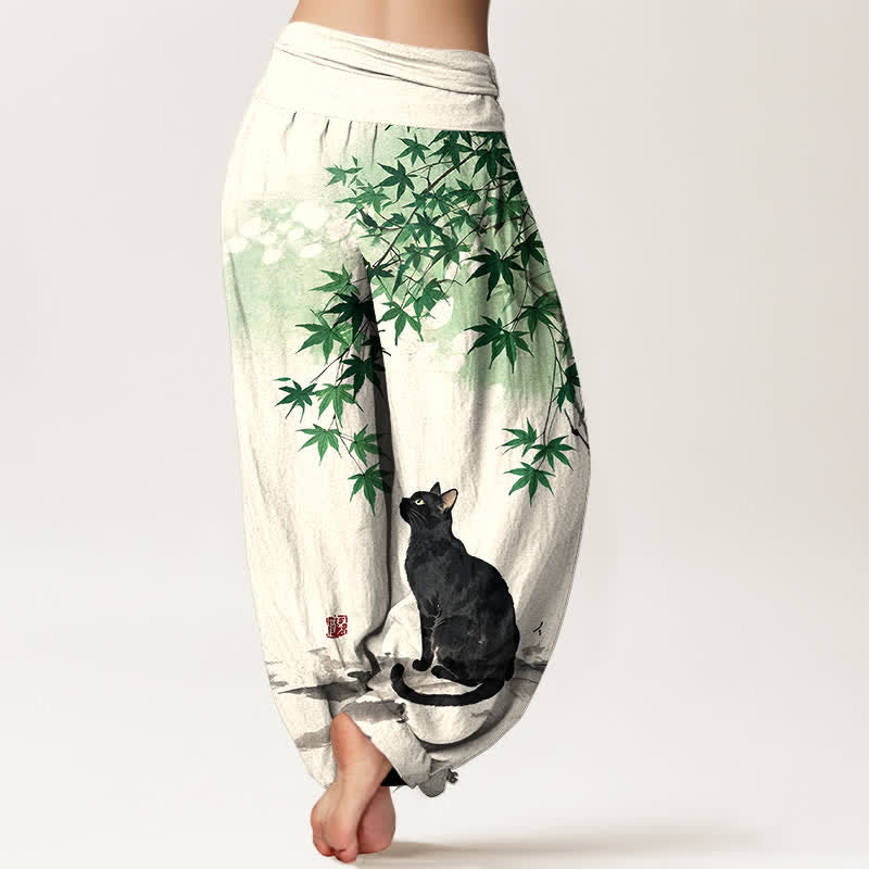 Buddha Stones Cotton Maple Leaf Cat Pattern Women's Elastic Waist Harem Pants - image 2