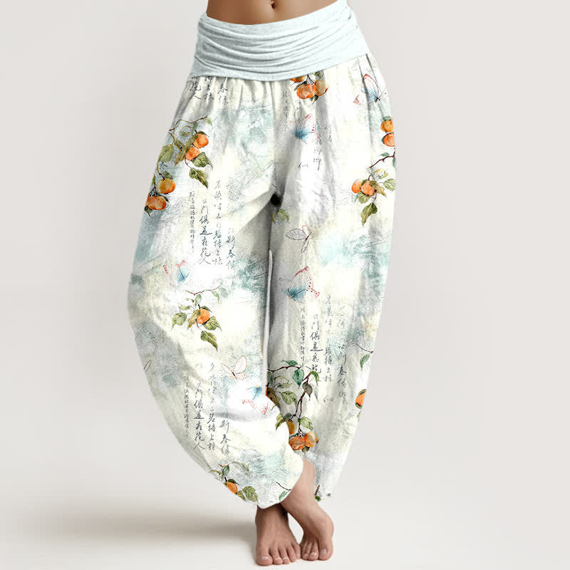 Buddha Stones Cotton Ink Calligraphy Citrus Butterfly Pattern Women's Elastic Waist Harem Pants - LightCyan - US16，UK/AU20，EU48 (3XL) - image 0