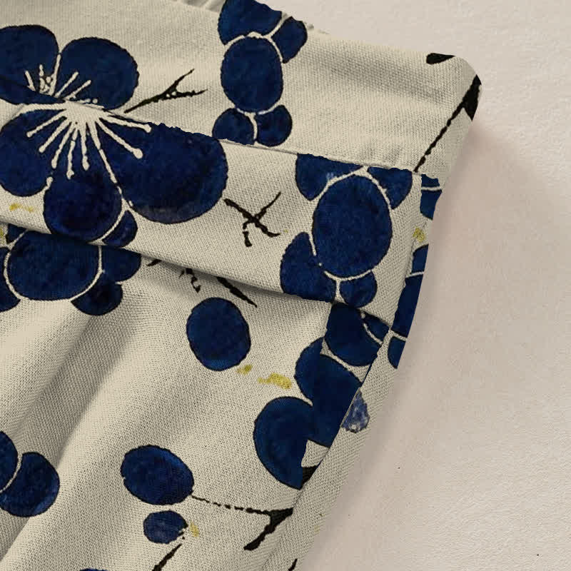 Buddha Stones Cotton Linen Vintage Indigo Floral Pattern Women's Elastic Waist Wide Leg Pants With Pockets - image 2