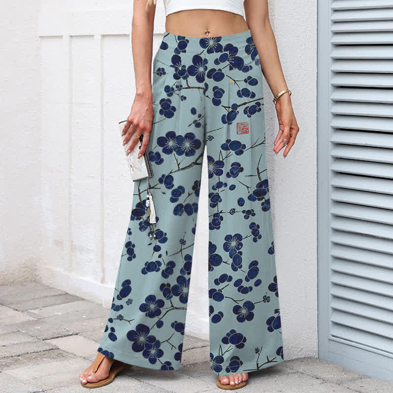 Buddha Stones Cotton Linen Vintage Indigo Floral Pattern Women's Elastic Waist Wide Leg Pants With Pockets - image 5