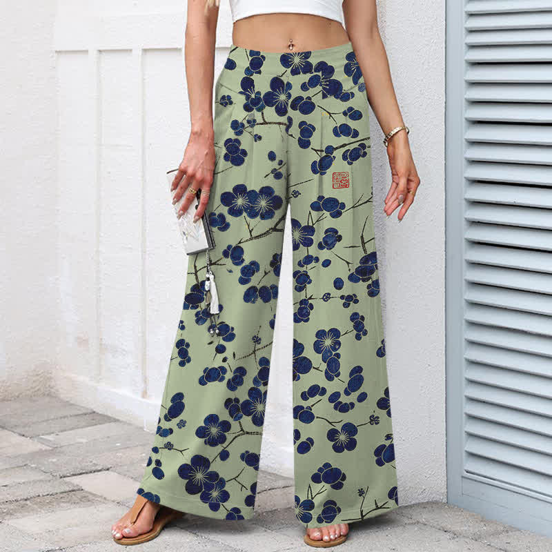 Buddha Stones Cotton Linen Vintage Indigo Floral Pattern Women's Elastic Waist Wide Leg Pants With Pockets - image 7