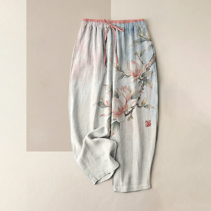 Buddha Stones Pure Cotton Ink Magnolia Pattern Women's Elastic Waist Pants With Pockets - Pink - US16，UK/AU20，EU48 (3XL) - image 3