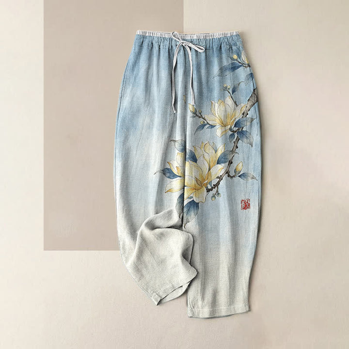 Buddha Stones Pure Cotton Ink Magnolia Pattern Women's Elastic Waist Pants With Pockets - LightSkyBlue - US16，UK/AU20，EU48 (3XL) - image 4