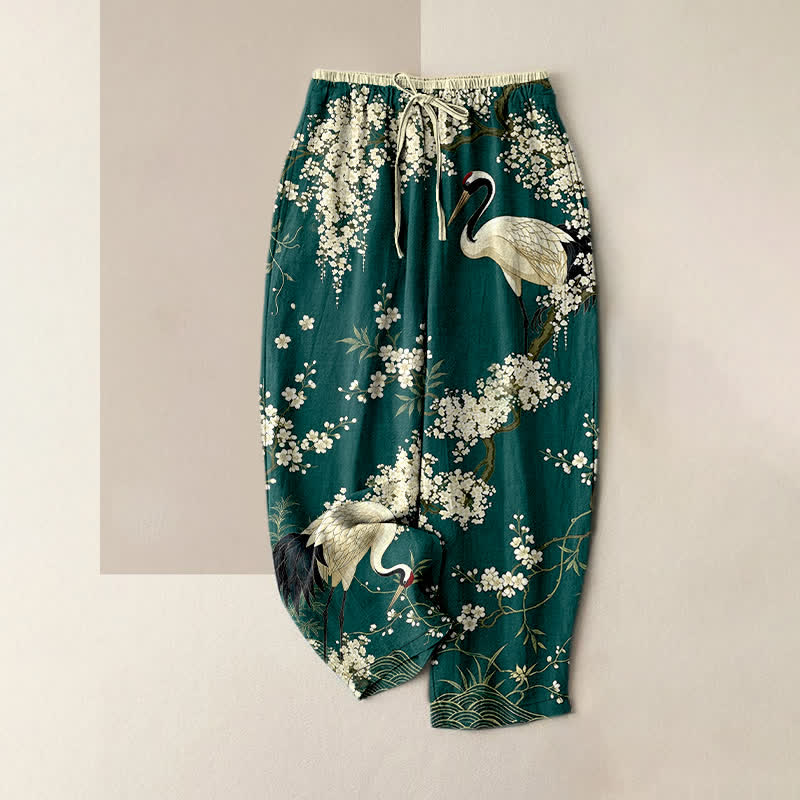 Buddha Stones Pure Cotton Oriental Crane Floral Pattern Women's Elastic Waist Pants With Pockets - Teal - US16，UK/AU20，EU48 (3XL) - image 0