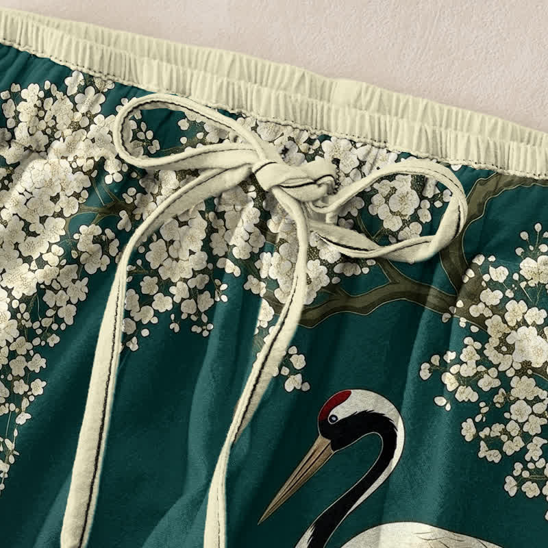 Buddha Stones Pure Cotton Oriental Crane Floral Pattern Women's Elastic Waist Pants With Pockets - image 1