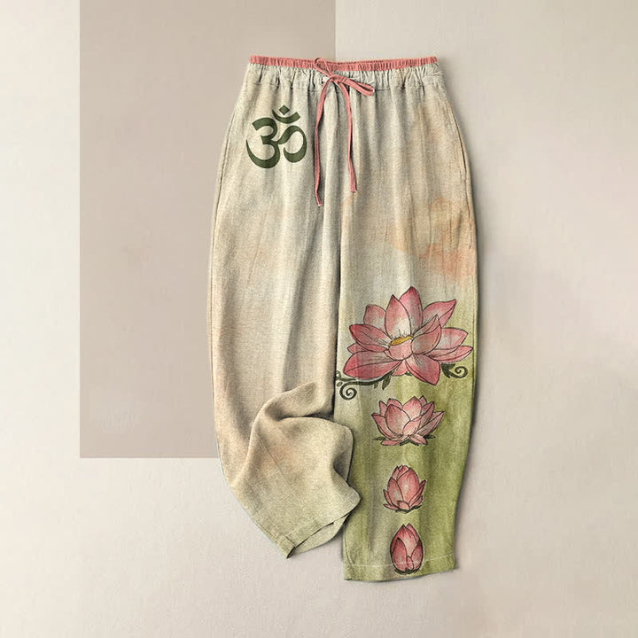 Buddha Stones Pure Cotton Zen Om Lotus Bloom Pattern Women's Elastic Waist Pants With Pockets - PaleGoldenrod - US16，UK/AU20，EU48 (3XL) - image 3