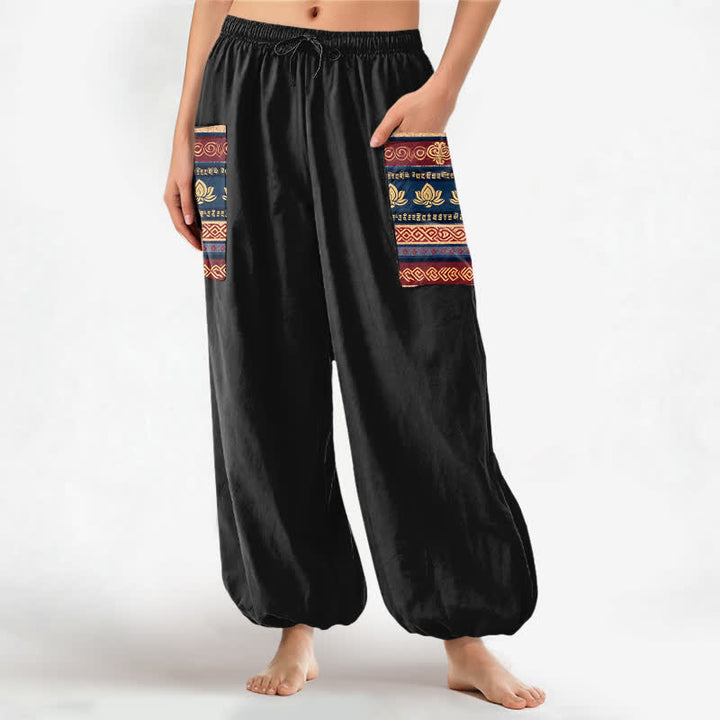 Buddha Stones Cotton Bohemian Lotus Geometric Pattern Women's Elastic Waist Harem Pants With Side Pockets - Black - US16，UK/AU20，EU48 (3XL) - image 0