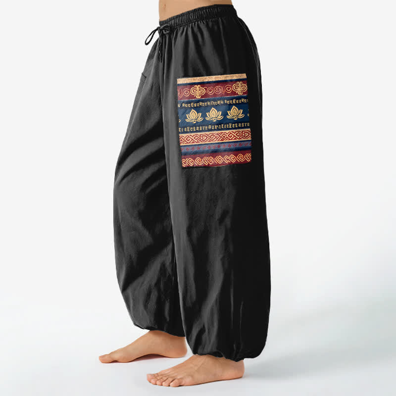 Buddha Stones Cotton Bohemian Lotus Geometric Pattern Women's Elastic Waist Harem Pants With Side Pockets - image 1