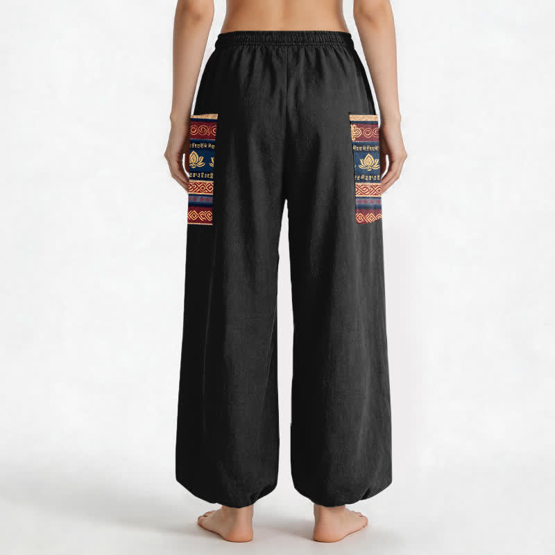 Buddha Stones Cotton Bohemian Lotus Geometric Pattern Women's Elastic Waist Harem Pants With Side Pockets - image 2