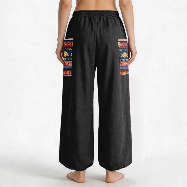 Buddha Stones Cotton Bohemian Lotus Geometric Pattern Women's Elastic Waist Harem Pants With Side Pockets - image 2
