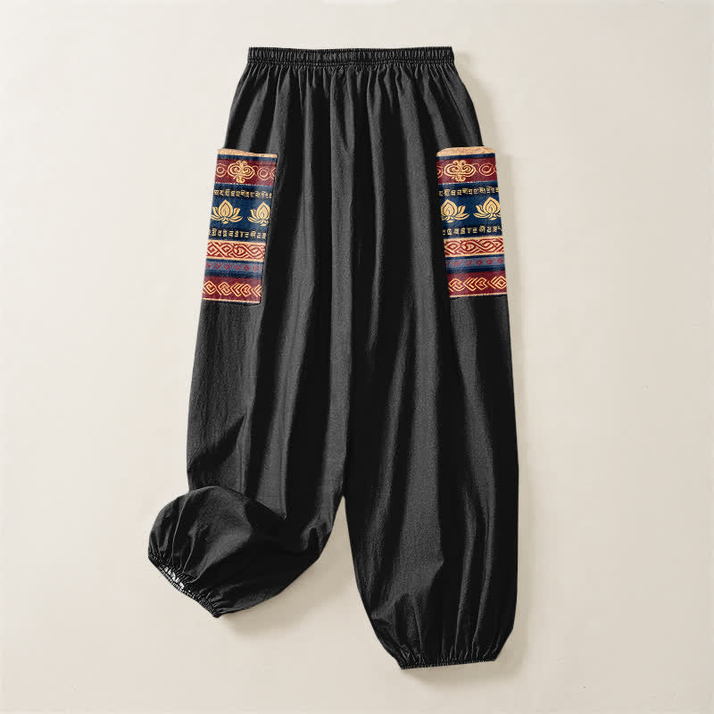 Buddha Stones Cotton Bohemian Lotus Geometric Pattern Women's Elastic Waist Harem Pants With Side Pockets - image 4