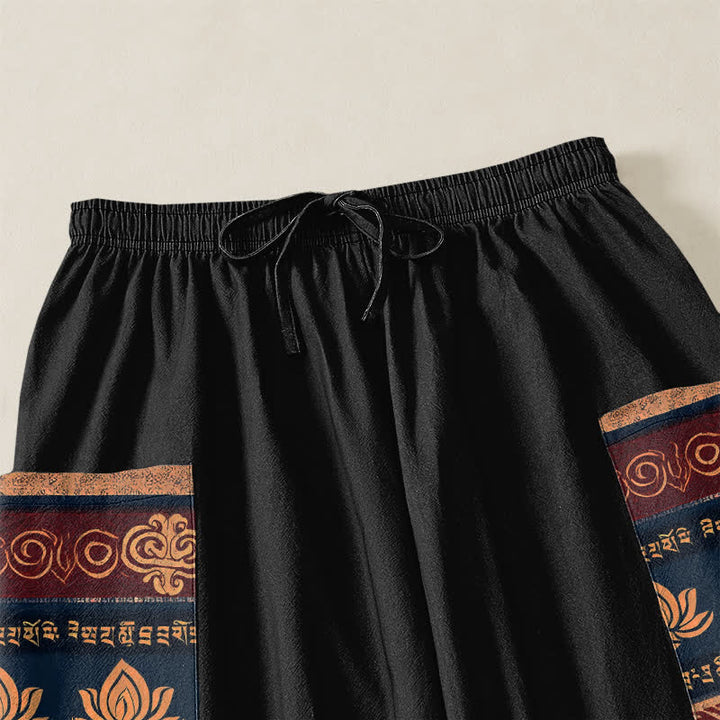 Buddha Stones Cotton Bohemian Lotus Geometric Pattern Women's Elastic Waist Harem Pants With Side Pockets - image 5