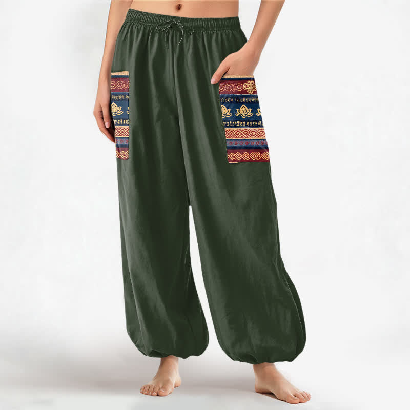 Buddha Stones Cotton Bohemian Lotus Geometric Pattern Women's Elastic Waist Harem Pants With Side Pockets - DarkOliveGreen - US16，UK/AU20，EU48 (3XL) - image 7