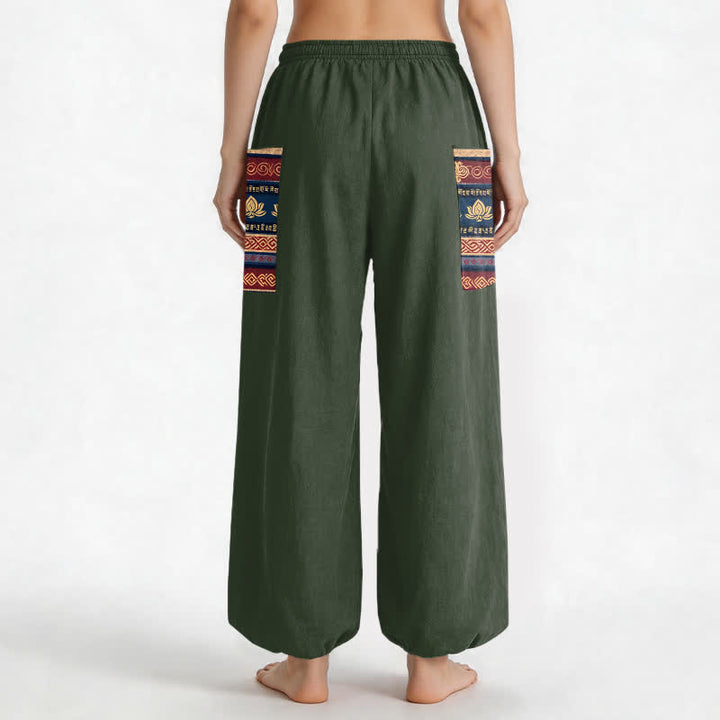 Buddha Stones Cotton Bohemian Lotus Geometric Pattern Women's Elastic Waist Harem Pants With Side Pockets - image 9