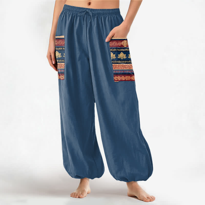 Buddha Stones Cotton Bohemian Lotus Geometric Pattern Women's Elastic Waist Harem Pants With Side Pockets - SteelBlue - US16，UK/AU20，EU48 (3XL) - image 10