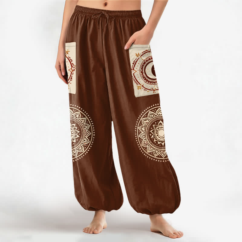 Buddha Stones Cotton Bohemian Mandala Moon Phase Pattern Women's Elastic Waist Harem Pants With Side Pockets - SaddleBrown - US16，UK/AU20，EU48 (3XL) - image 0