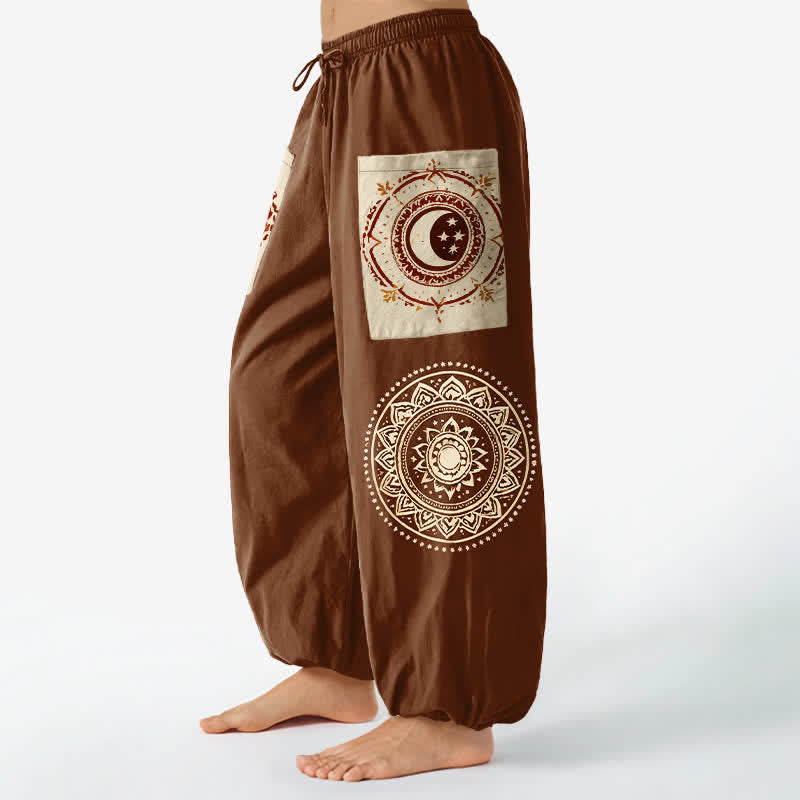Buddha Stones Cotton Bohemian Mandala Moon Phase Pattern Women's Elastic Waist Harem Pants With Side Pockets - image 1