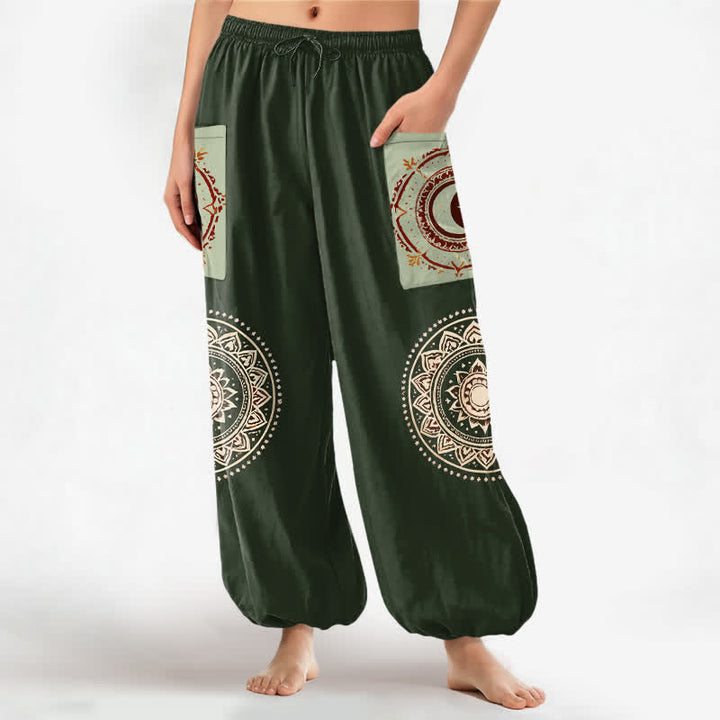 Buddha Stones Cotton Bohemian Mandala Moon Phase Pattern Women's Elastic Waist Harem Pants With Side Pockets - DarkOliveGreen - US16，UK/AU20，EU48 (3XL) - image 7